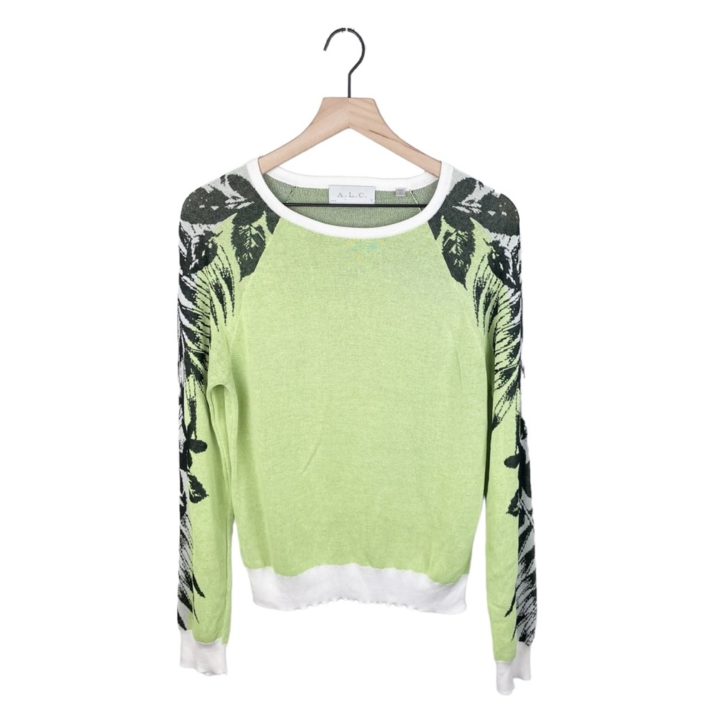 A.L.C. 2014 Cotton Sweater Lime Green Floral Leaf Print 9190 Women's Size Large
